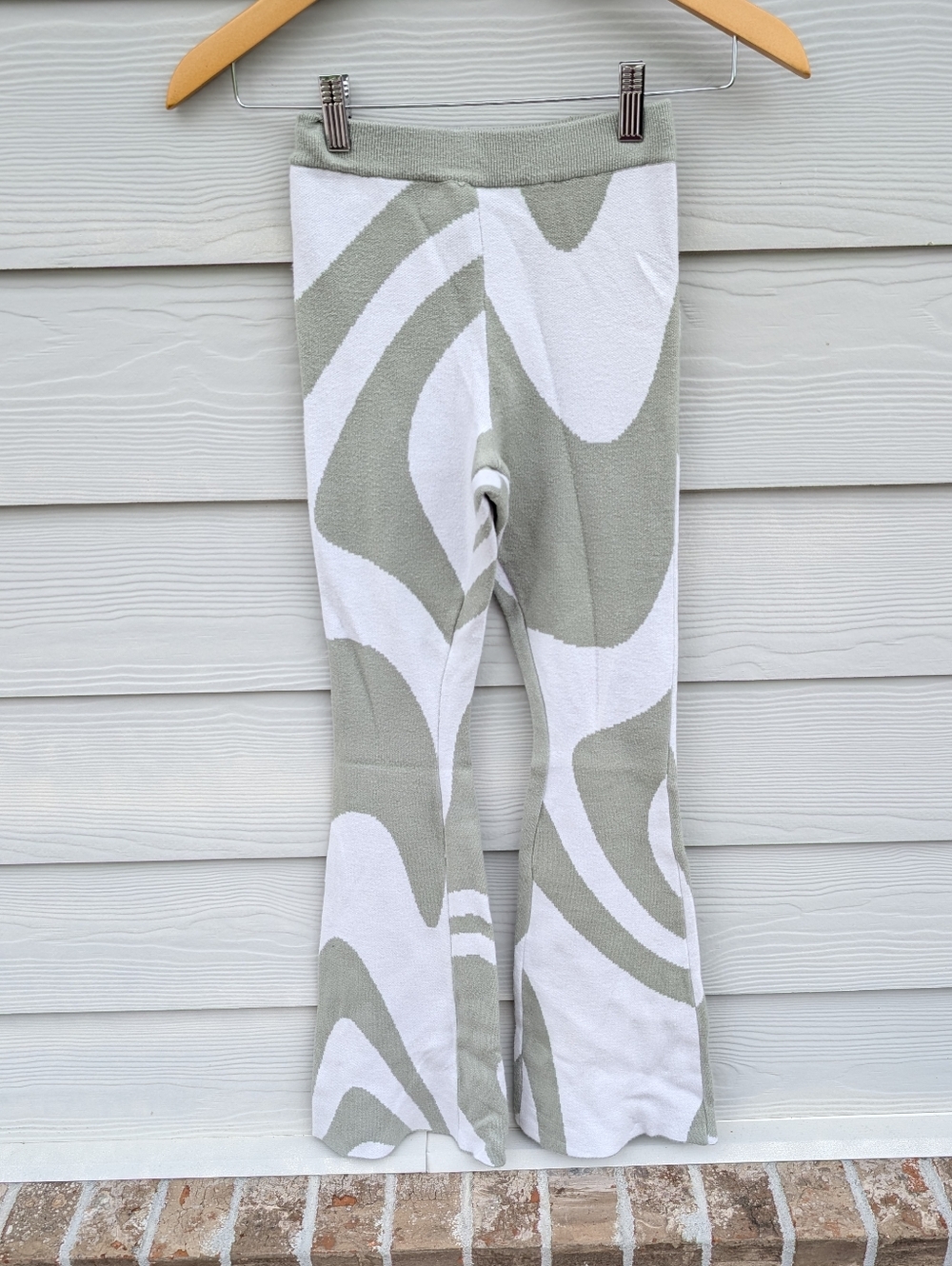 Princess Polly Pants Size XS S Green Cream High Waist Flare Knit Boho Cozy - Picture 6 of 9